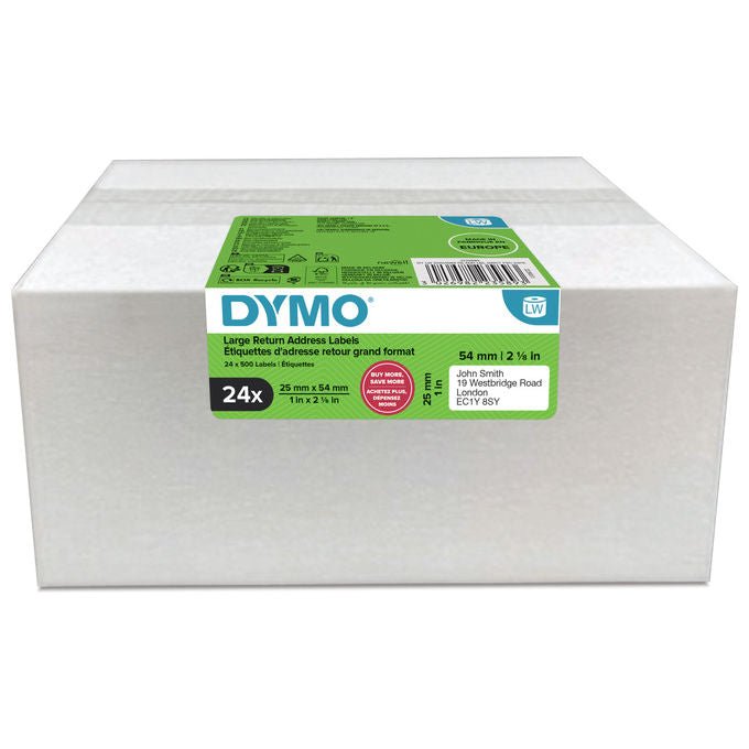 Dymo 2223589 Etichette di Ritorno Originali per LabelWriter 25 mm x 54 mm 24 Rotoli 12000 Pezzi Autoadesive Termiche Facili da Staccare Colore Bianco