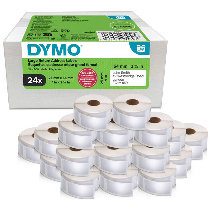 Dymo 2223589 Etichette di Ritorno Originali per LabelWriter 25 mm x 54 mm 24 Rotoli 12000 Pezzi Autoadesive Termiche Facili da Staccare Colore Bianco