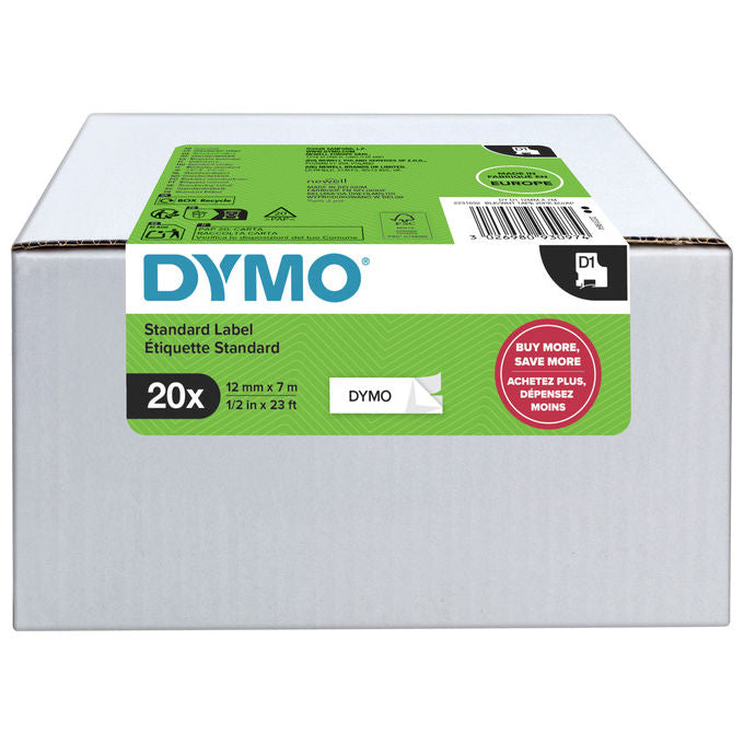 Dymo 2231632 D1 Etichette Originali Autoadesive Nere su Bianco 12 mm x 7 m per LabelManager 20 Pezzi colore Bianco