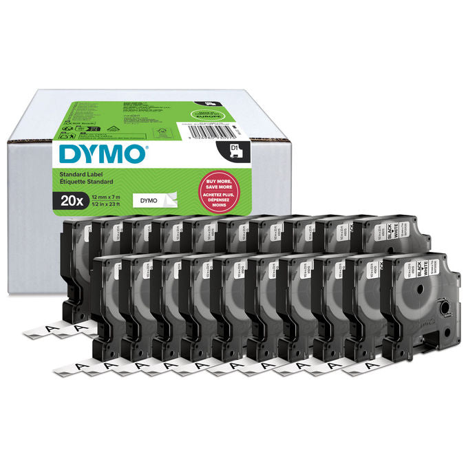 Dymo 2231632 D1 Etichette Originali Autoadesive Nere su Bianco 12 mm x 7 m per LabelManager 20 Pezzi colore Bianco