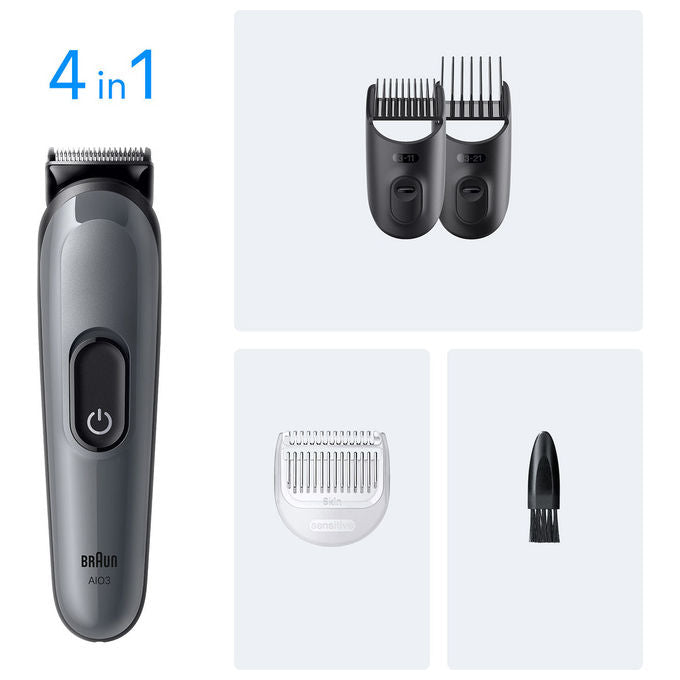 Braun AIO3500 Kit tagliacapelli All-in-One Style 14 lunghezze regolabili da 0,5 mm a 2,1 cm batteria ricaricabile NiMH 50 min di autonomia colore Nero Grigio