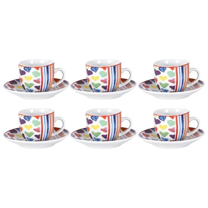 Borella 25690 Cuoricini Set 6 Tazzine Caffe' con Piattino Porcellana