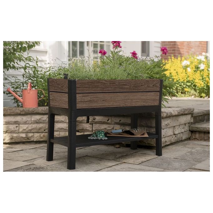 Keter 261334 Deco Orto Rialzato Fioriera da Esterno 120L con Riserva d'Acqua e Ripiano Integrato colore Marrone