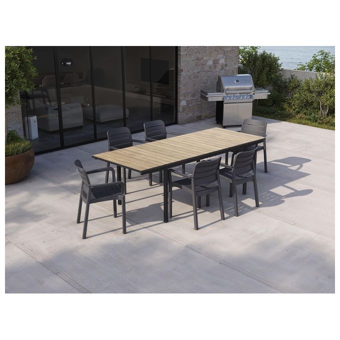 Keter Porto Nova Table 200-280 - Tavolo con estensioni, struttura in metallo, piano effetto legno Signature - 191-267x90x75,4h - Ashwood-Grafite