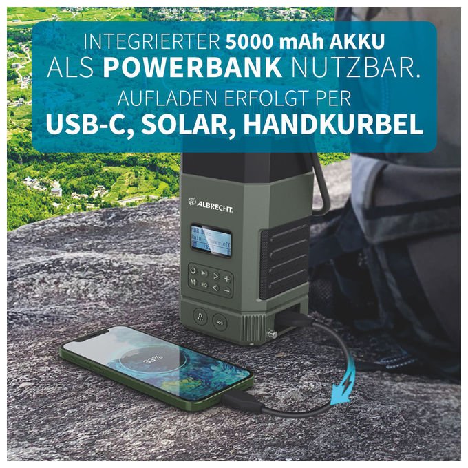 Albrecht 27912 DR 114 DAB Lanterna da campeggio a batteria con radio DAB+ FM e PowerBank 80 lm 5000 mAh colore Nero