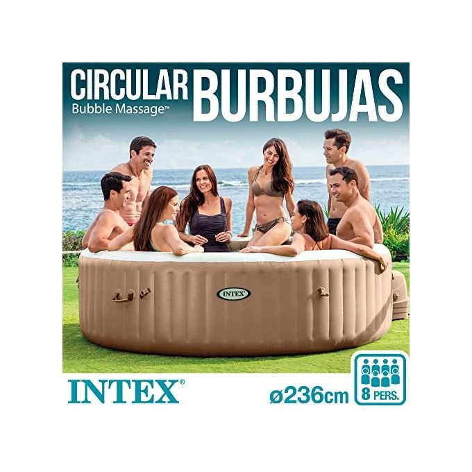 Intex 28412EX PureSpa Vasca Idromassaggio Gonfiabile Bubble Massage 8 posti 170 Getti Riscaldatore PVC Beige 236x71 cm Con Accessori 8 posti Beige