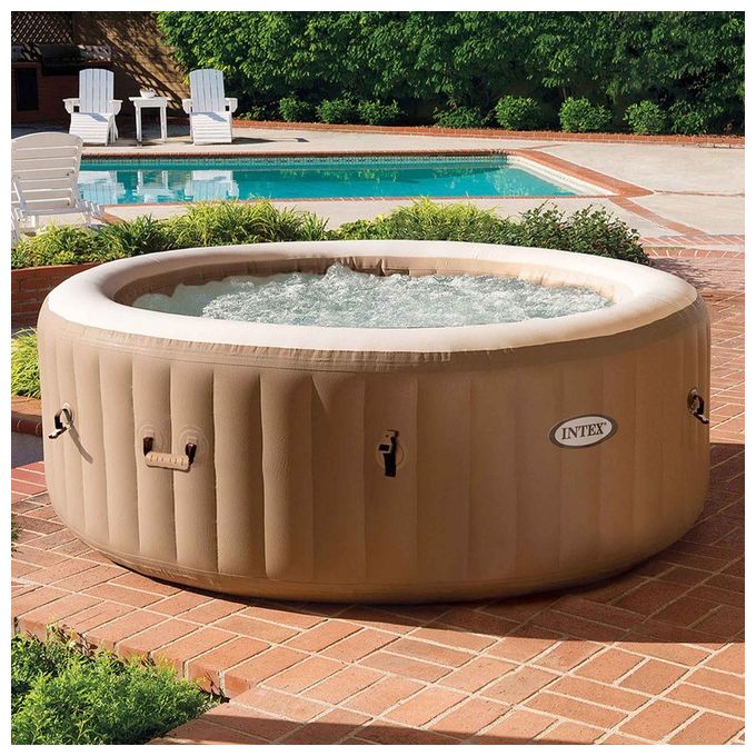 Intex 28476EX PureSpa Vasca Idromassaggio Gonfiabile Bubble Massage con Telo Efficienza Energetica 4 posti 120 Getti Riscaldatore PVC Beige 196x71 cm Con Telo ad Efficienza Energetica 4 posti Beige