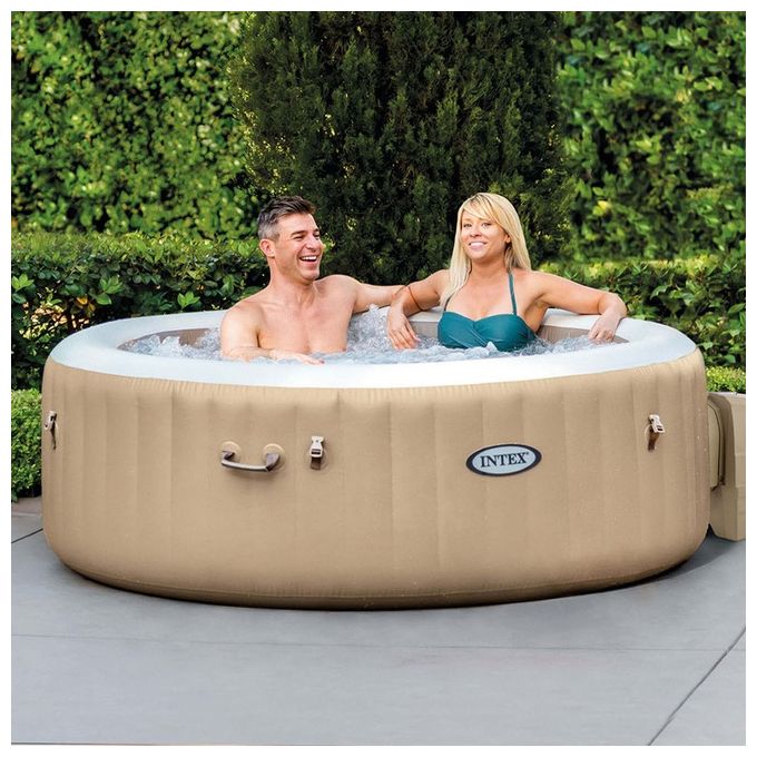 Intex 28476EX PureSpa Vasca Idromassaggio Gonfiabile Bubble Massage con Telo Efficienza Energetica 4 posti 120 Getti Riscaldatore PVC Beige 196x71 cm Con Telo ad Efficienza Energetica 4 posti Beige