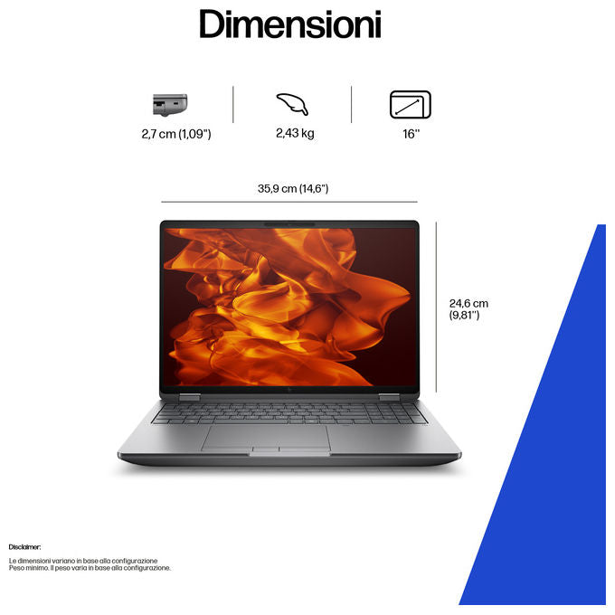 HP DK1L5ET ZBook Fury Laptop Intel Core Ultra 7 255HX 40,6 cm (16'') WUXGA 64 GB DDR5-SDRAM 1 TB SSD NVIDIA RTX PRO 2000 Blackwell Wi-Fi 7 Windows 11 Pro AI Workstation colore Argento