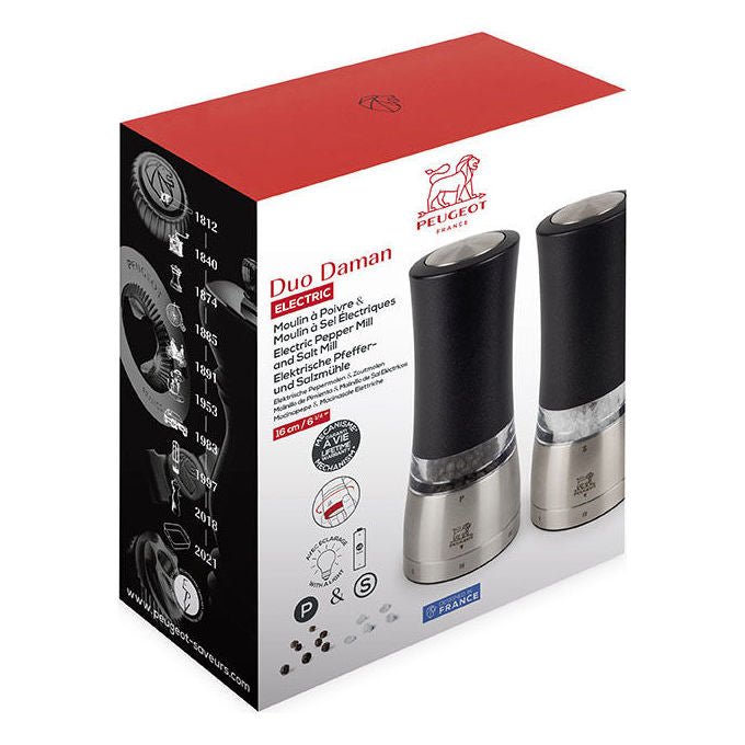 Peugeot 2-4317900 Daman Electric Set macina sale e pepe 6 impostazioni retroilluminato colore Nero, Acciaio inox, Trasparente