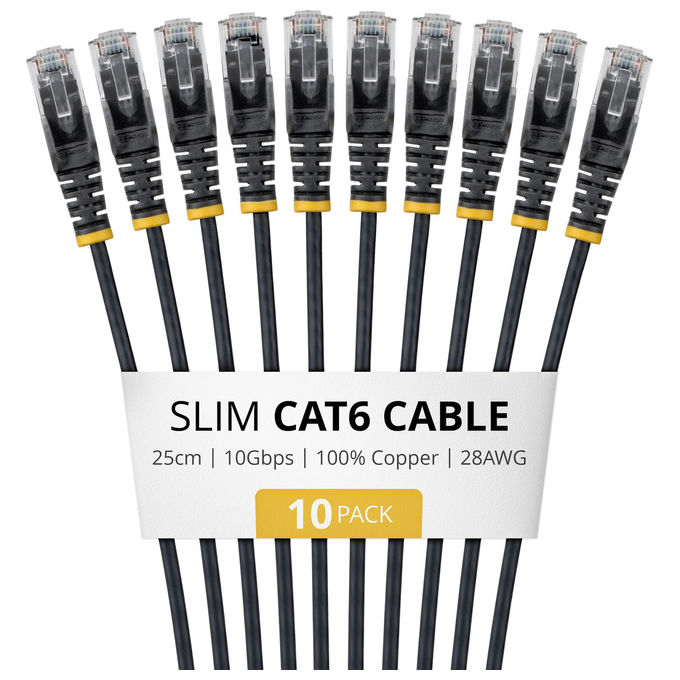 StarTech.com N6PAT25CMBKS10PK Cavo di rete Cat6 U-UTP RJ-45 M-M 0.25 m 10 Gbps PoE++ 100 W oro su LSZH colore Nero