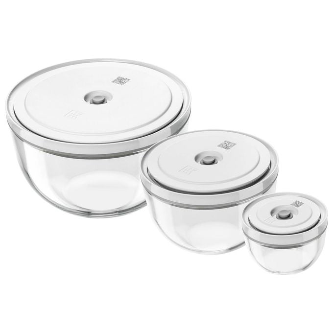 Zwilling FRESHandSAVE Set 3 Ciotole Sottovuoto in Vetro Borosilicato S-M-L 0,3 L 1,75 L 4,0 L con Coperchi per Microonde Freezer e Lavastoviglie colore Trasparente
