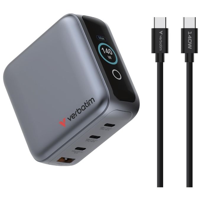 Verbatim 30240 Caricabatterie Universale Mini GaN 140W con Display 3 Porte USB Tipo C 1 Porta USB Tipo A Ricarica Rapida Power Delivery 3.0 Quick Charge 3.0 colore Nero