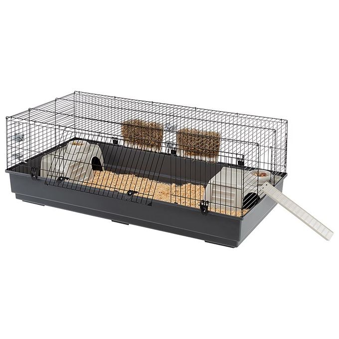 FERPLAST Gabbia Roditori RABBIT 140 per Conigli, Cavie, Porcellini d'India, in Metallo, Accessori inclusi:  Mangiatoie, Beverini, Ciotole, Casette, Rampa di accesso dall'esterno. 140x71xh51cm