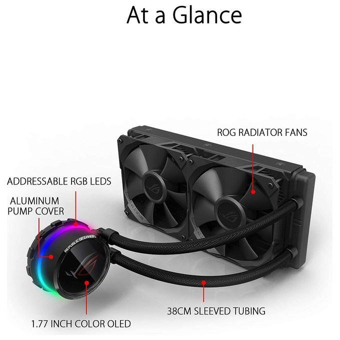 ASUS ROG RYUO 240 Sistema di Raffreddamento per CPU All-In-One Liquid, Display OLED, Aura Sync RGB, 2 Ventole di Raffreddamento da 120 mm, Nero