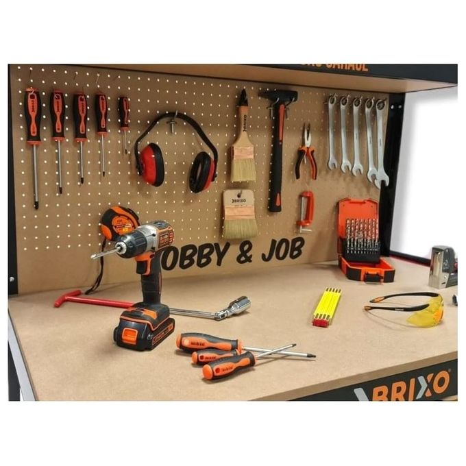 Brixo Banco da lavoro con pannello forato cassetto e ripiano Hobby e Job cm 120x60xh150