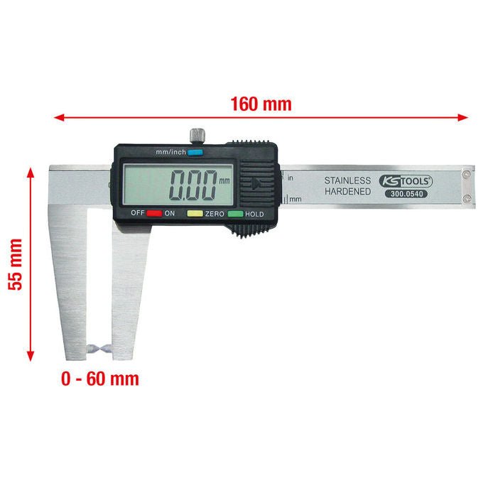 KS TOOLS 300.0540 Calibro a corsoio digitale per dischi freno in acciaio inossidabile con display LCD e funzione blocco 0-60 mm colore Nero