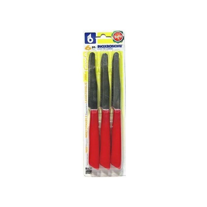 Coltellerie Inox Bonomi Confezione 6 Coltelli da Tavola con Lama Seghettata Inox e Manico Plastica Rosso