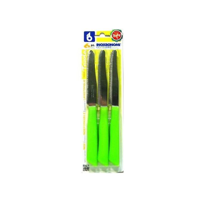 Coltellerie Inox Bonomi Confezione 6 Coltelli da Tavola con Lama Seghettata Inox e Manico in Plastica Verde