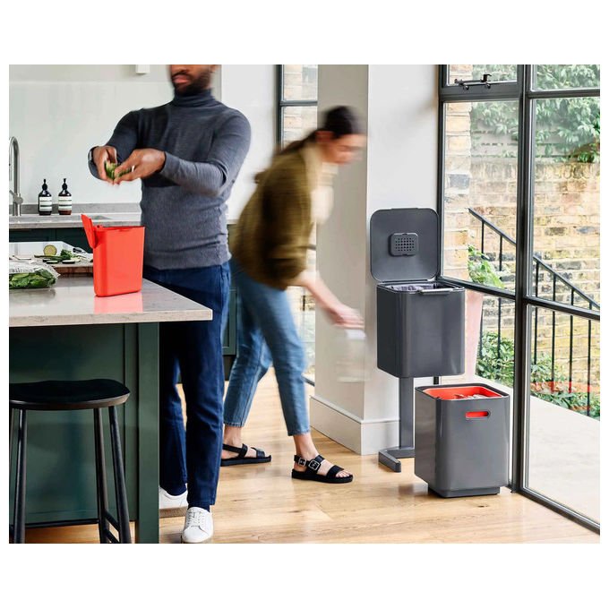 Joseph Joseph 30065 Totem Compact Pattumiera per raccolta differenziata 40 L con due scomparti da 20 L e contenitore estraibile per rifiuti umidi 3 L colore Grigio