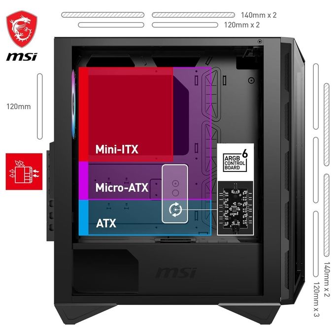 MSI MPG GUNGNIR 110R Mid-Tower Case PC Gaming (nero, 4 x 120 mm Ventole ARGB, USB 3.2 Gen2 Type-C, Pannello in vetro temperato, Filtro antipolvere magnetico, Mystic Light RGB, ATX, m-ATX, Mini-ITX)