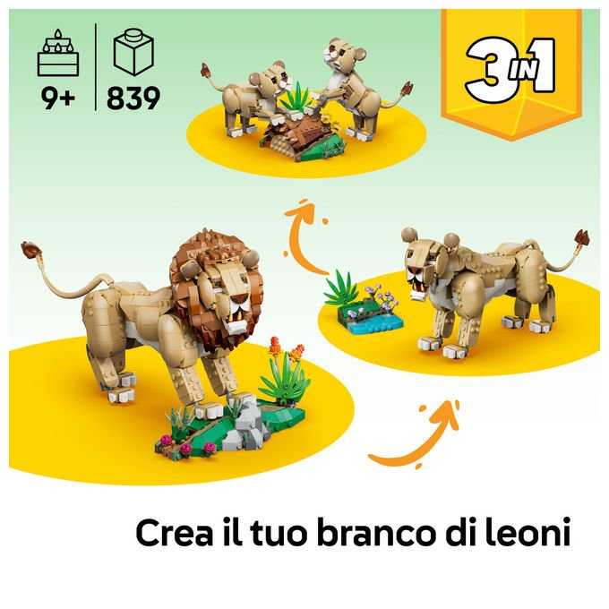 Lego 31386 Creator 3in1 Set Costruzioni Animali Selvatici Leone Maestoso 839 pezzi da 9 anni