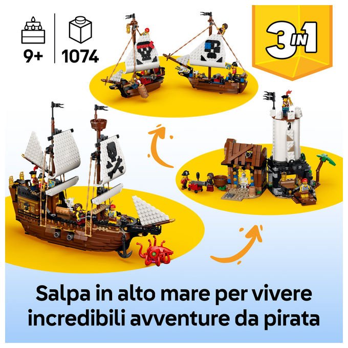 Lego 31387 Creator 3 in 1 Set da Costruzione Nave da Pirata 1074 Pezzi 5 Minifigure 9 Anni colore Multicolore