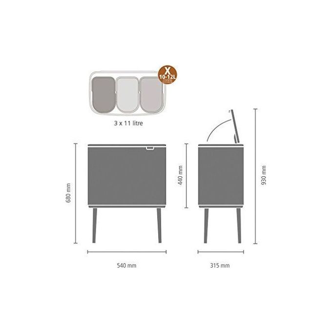Brabantia Waste Bin Bo Touch Bin Pattumiera Platinum 3 x 11 Litri