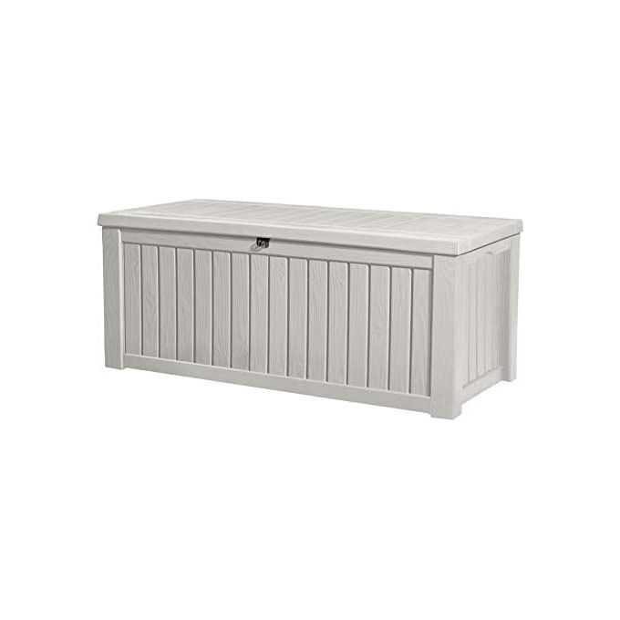 Keter Baule Box Portattrezzi da Esterno XL Rockwood Bianco con Capacita' di Stoccaggio di 570 Litri e Design in Effetto Legno