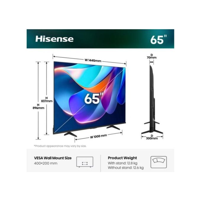 Hisense 65A6S Smart TV LED 65'' UHD 4K VIDAA U9.5 Dolby Vision HDR10+ HDMI 2.1 VRR colore Nero