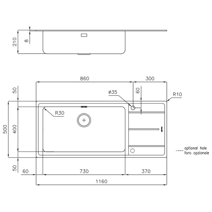 Foster 3216 051 Standard EVO Lavello Acciaio Inox Spazzolato da Incasso Gocciolatoio a Sinistra 1 Vasca 116x50cm