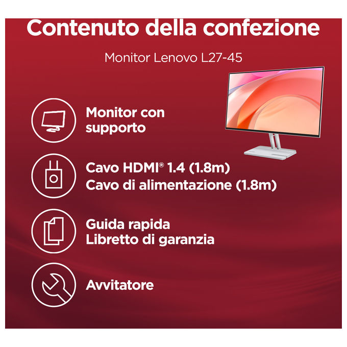 Lenovo 67DEKAC1IT L27-4C Monitor 27'' IPS FHD 1920x1080 144Hz 1ms MPRT AMD FreeSync Altoparlanti Integrati colore Cloud Grey