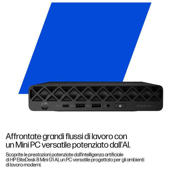 HP E07KNAT HP EliteDesk 8 Mini G1i AI PC Mini PC Intel Core Ultra 7 265T 32 GB DDR5-SDRAM 1 TB SSD NVMe Intel Graphics Wi-Fi 7 Bluetooth 5.4 Windows 11 Pro colore Jack black