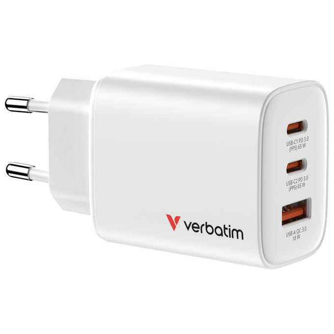 Verbatim 32353 Caricabatterie Universale con 2 Porte USB Tipo C e 1 Porta USB A Ricarica Rapida fino a 65 W Power Delivery 3.0 Quick Charge 3.0 GaN colore Bianco