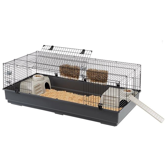 FERPLAST Gabbia Roditori RABBIT 140 per Conigli, Cavie, Porcellini d'India, in Metallo, Accessori inclusi:  Mangiatoie, Beverini, Ciotole, Casette, Rampa di accesso dall'esterno. 140x71xh51cm