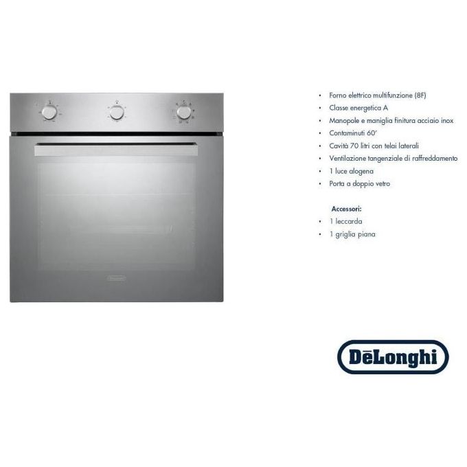 DeLonghi DLM 8L S Forno Elettrico Multifunzione da Incasso Capacita' 70 Litri Classe energetica A 8 programmi 60 cm Inox
