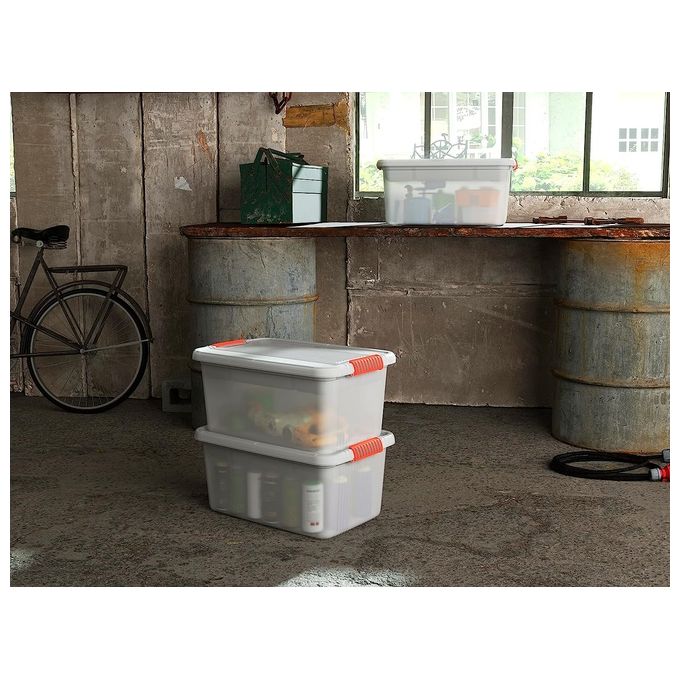 Keter Set di 3 Contenitori in Plastica con Coperchio K-Latch L, Trasparenti, Dotati di Maniglie, Ideali per Vestiti e come Portaoggetti, Adatti per Armadi e Garage, 43 L, 59x39x28H cm