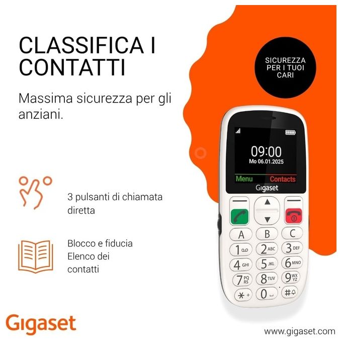 Gigaset Telefono per Anziani GL395 Display 2.2'' Tasto SOS Bianco