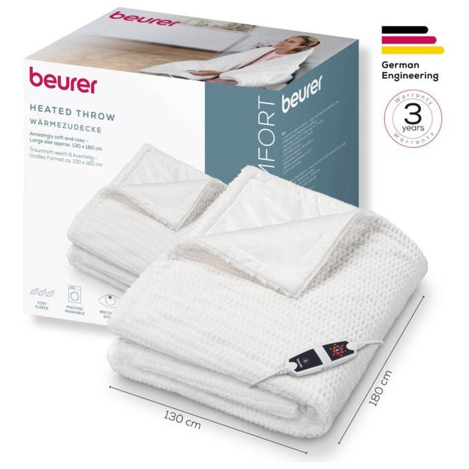 Beurer 40052 Termocoperta HD 82 Helsinki 6 livelli di temperatura spegnimento automatico dopo 3 ore materiale super morbido colore Bianco