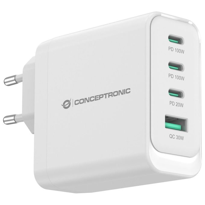 Conceptronic ALTHEA22W100 Caricabatterie Universale Interno con 3 Porte USB Tipo C Ricarica Rapida 100 W Tecnologia GaN colore Bianco