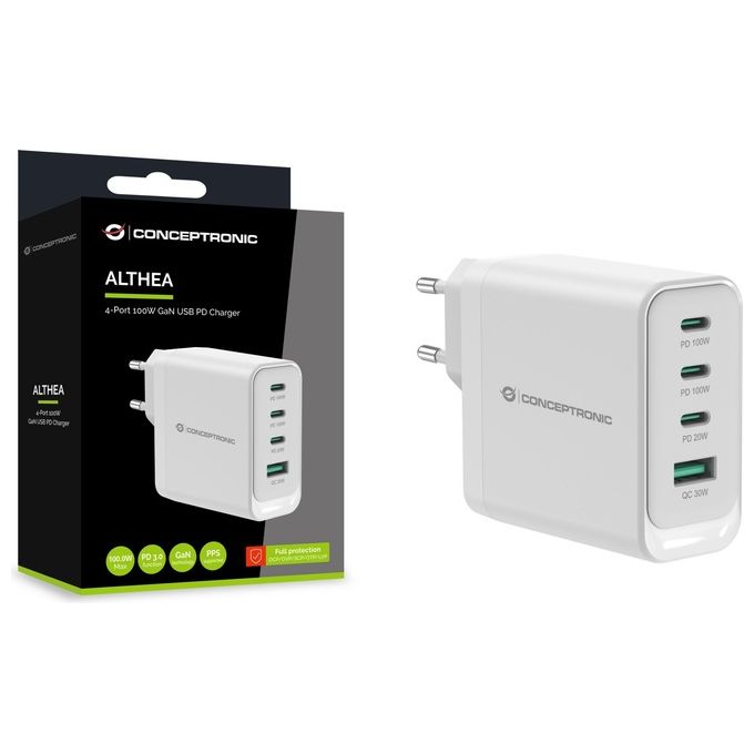 Conceptronic ALTHEA22W100 Caricabatterie Universale Interno con 3 Porte USB Tipo C Ricarica Rapida 100 W Tecnologia GaN colore Bianco