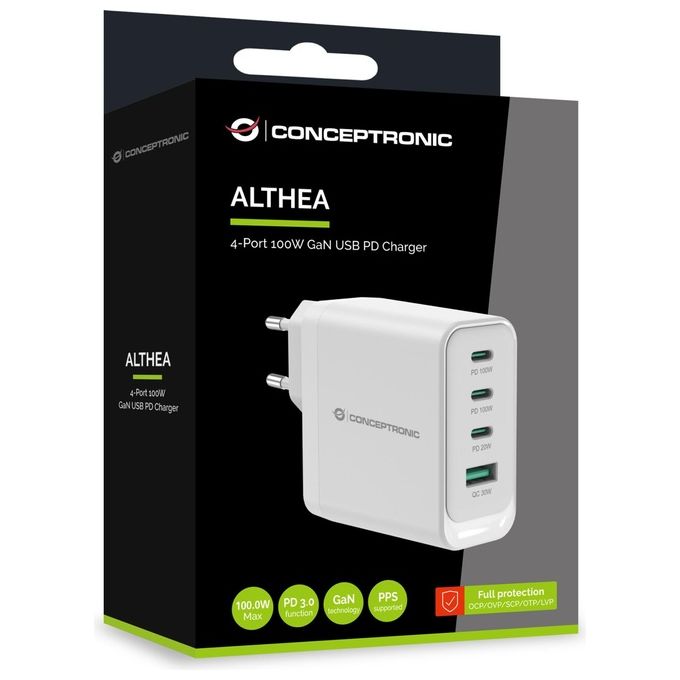 Conceptronic ALTHEA22W100 Caricabatterie Universale Interno con 3 Porte USB Tipo C Ricarica Rapida 100 W Tecnologia GaN colore Bianco