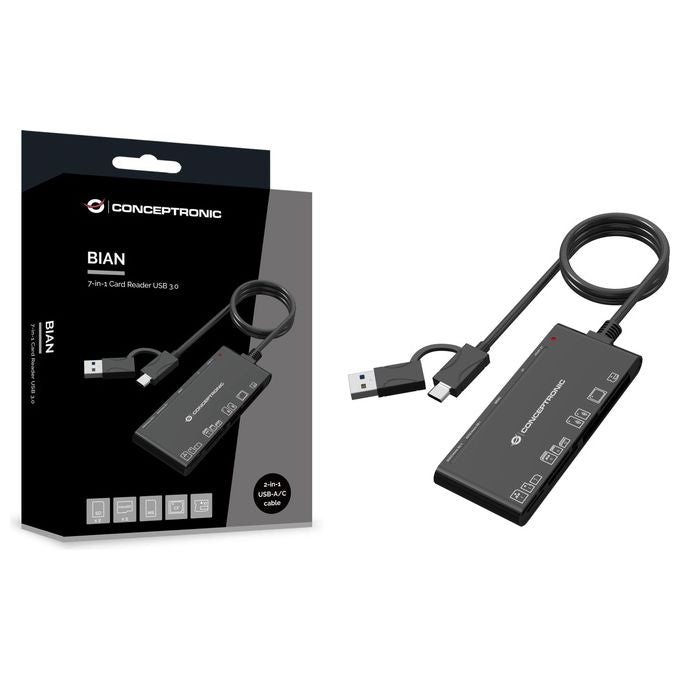 Conceptronic BIAN10B Lettore di schede 7 in 1 USB 3.2 Gen 1 2x SD 2x MicroSD MS CF xD colore Nero