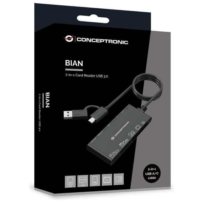 Conceptronic BIAN10B Lettore di schede 7 in 1 USB 3.2 Gen 1 2x SD 2x MicroSD MS CF xD colore Nero