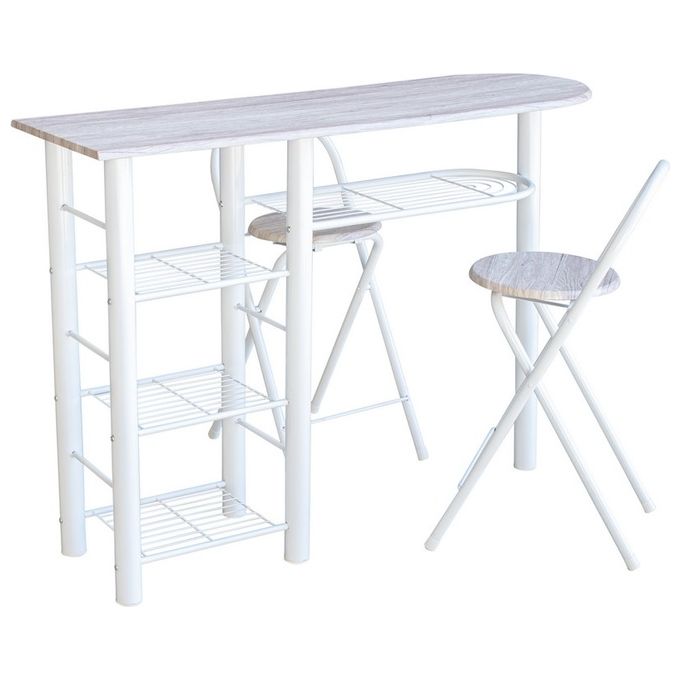 Banco da cucina Bristol con 2 sgabelli in metallo e mdf bianco e naturale