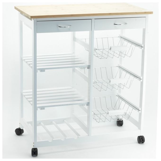 Carrello da cucina Regina con 3 ceste e 2 ripiani 67x37x76 in mdf naturale bianco