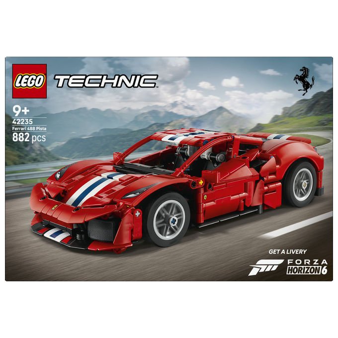 Lego 42235 LEGO Technic Set da costruzione per bambini 882 pezzi con motore V8 pistoni mobili sterzo funzionante portiere e cofano apribili codice digitale Forza Horizon 6 colore Rosso