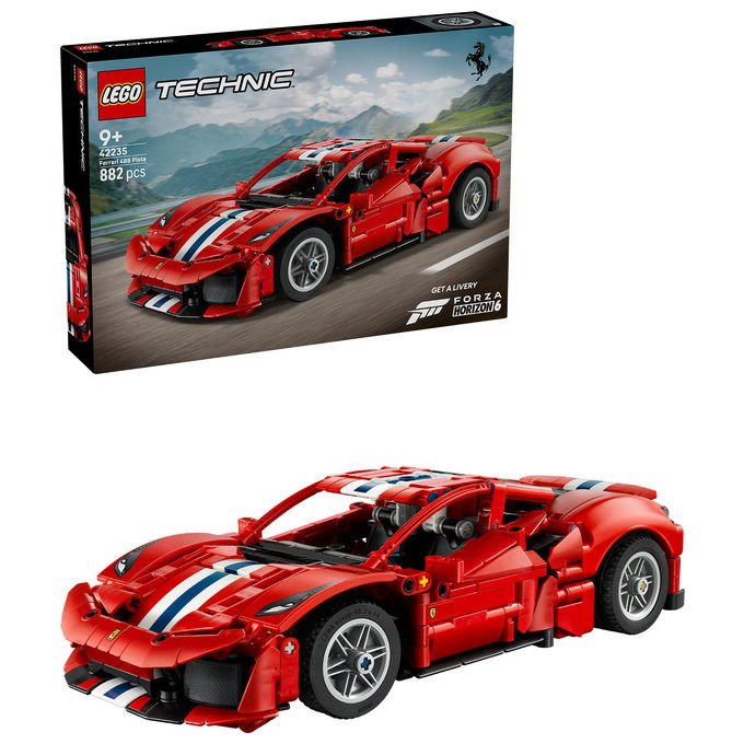 Lego 42235 LEGO Technic Set da costruzione per bambini 882 pezzi con motore V8 pistoni mobili sterzo funzionante portiere e cofano apribili codice digitale Forza Horizon 6 colore Rosso