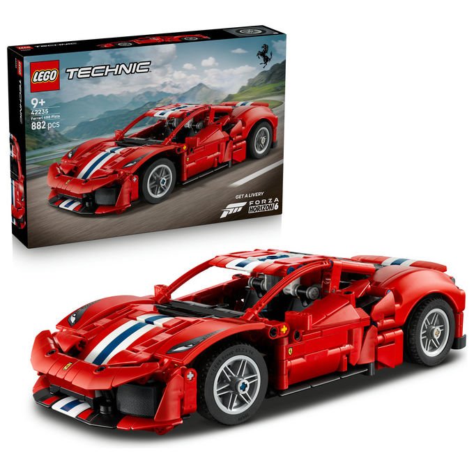 Lego 42235 LEGO Technic Set da costruzione per bambini 882 pezzi con motore V8 pistoni mobili sterzo funzionante portiere e cofano apribili codice digitale Forza Horizon 6 colore Rosso