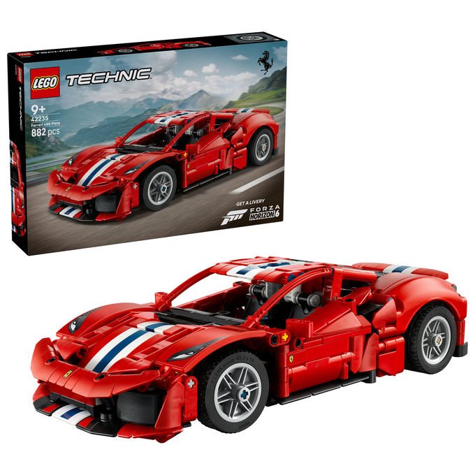 Lego 42235 LEGO Technic Set da costruzione per bambini 882 pezzi con motore V8 pistoni mobili sterzo funzionante portiere e cofano apribili codice digitale Forza Horizon 6 colore Rosso